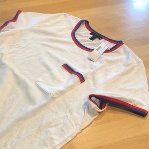 JCrew white T-shirt with red & blue trim.